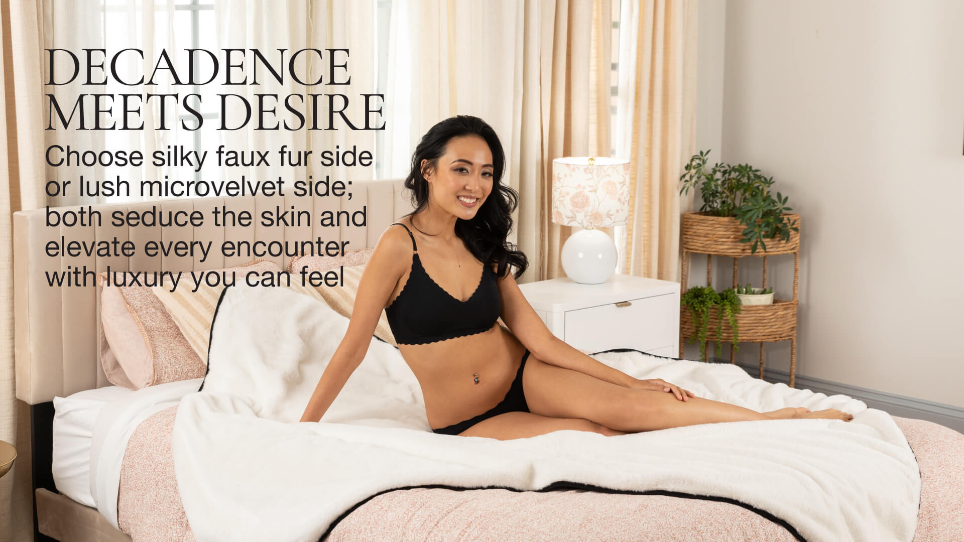 Woman in black lingerie sitting on a bed with text about fabric types.