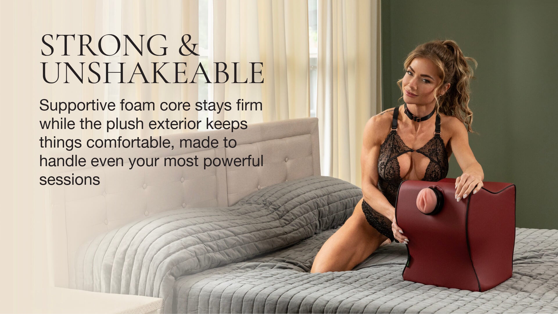 Woman sitting on a bed with a red toy mount, promotional text about product features.