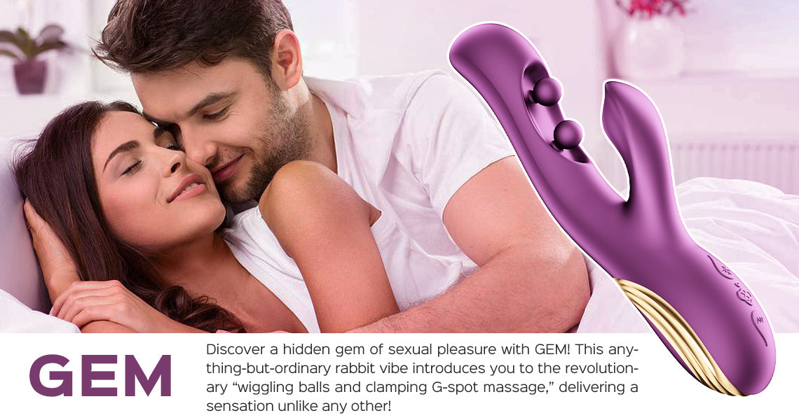 Couple lying in bed with a purple G-Spot massage tool, text about product features.