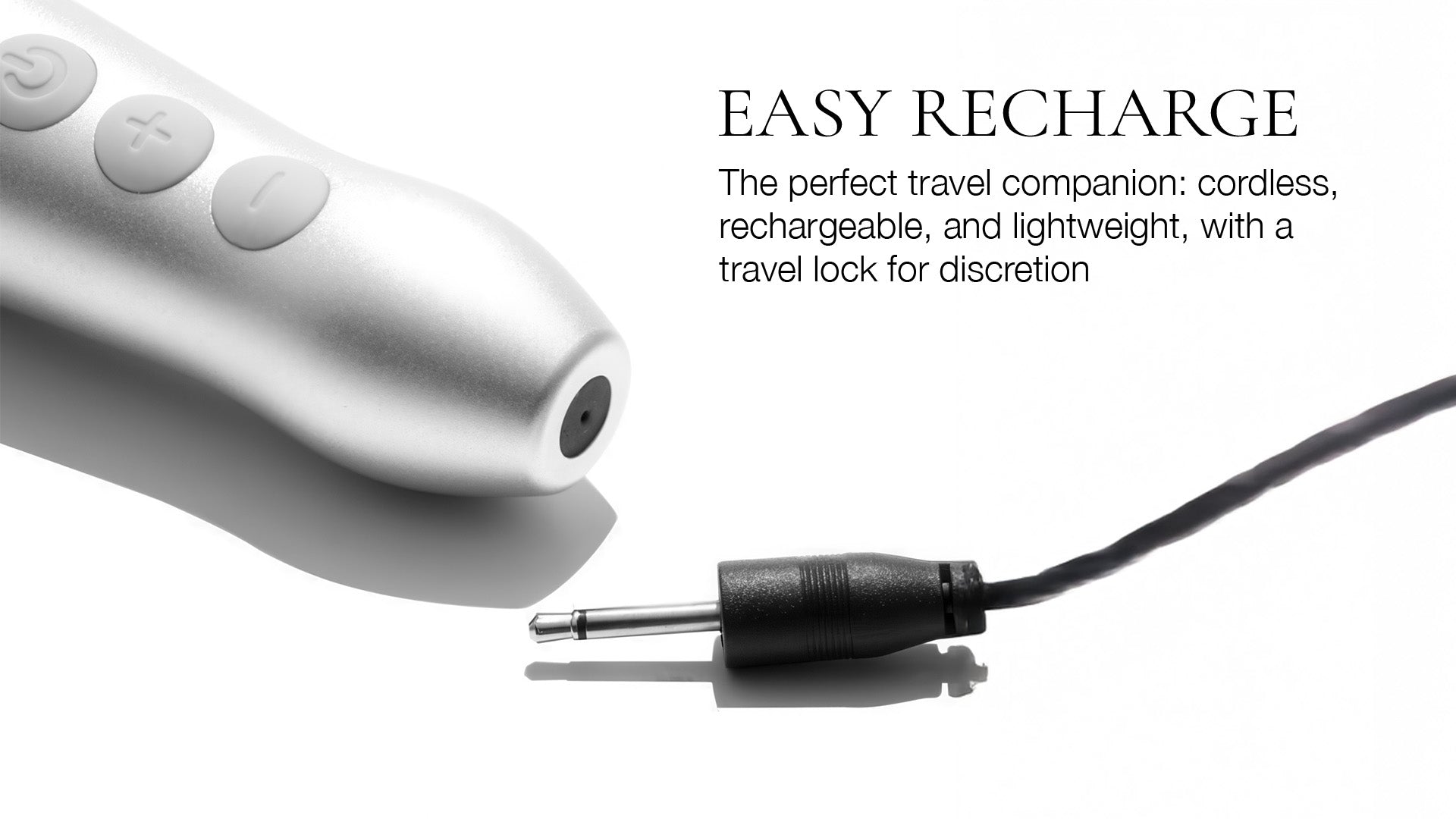 Silver electronic device with cable on a white background, featuring text about its features.