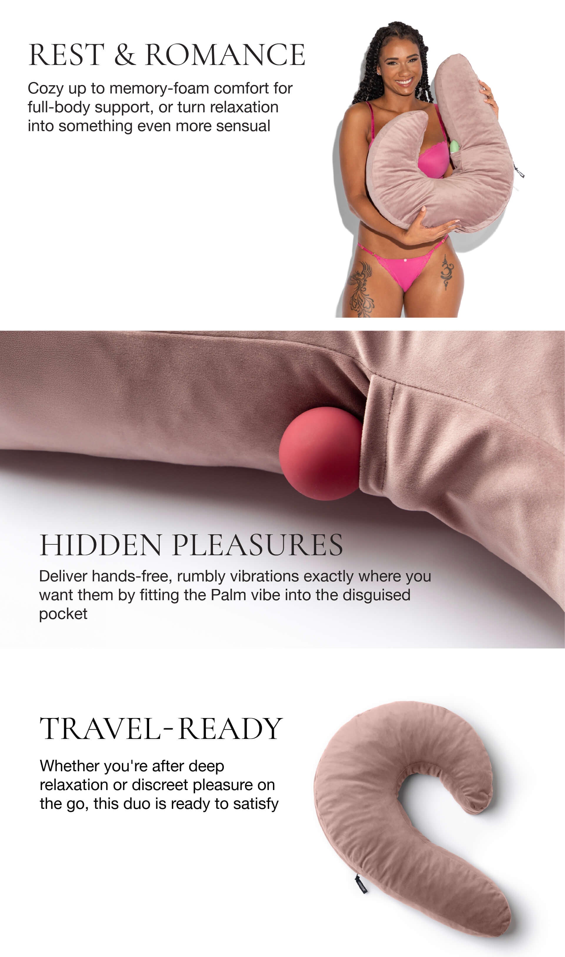 Product advertisement for a memory foam pillow and Palm vibe with text on comfort and travel readiness.