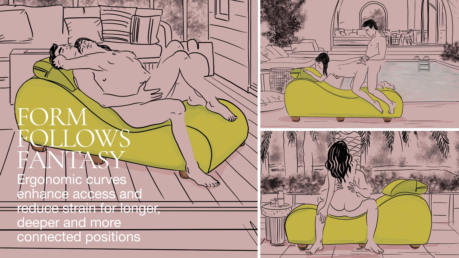 Illustration of a green chaise with two people on it, accompanied by text about ergonomic design.