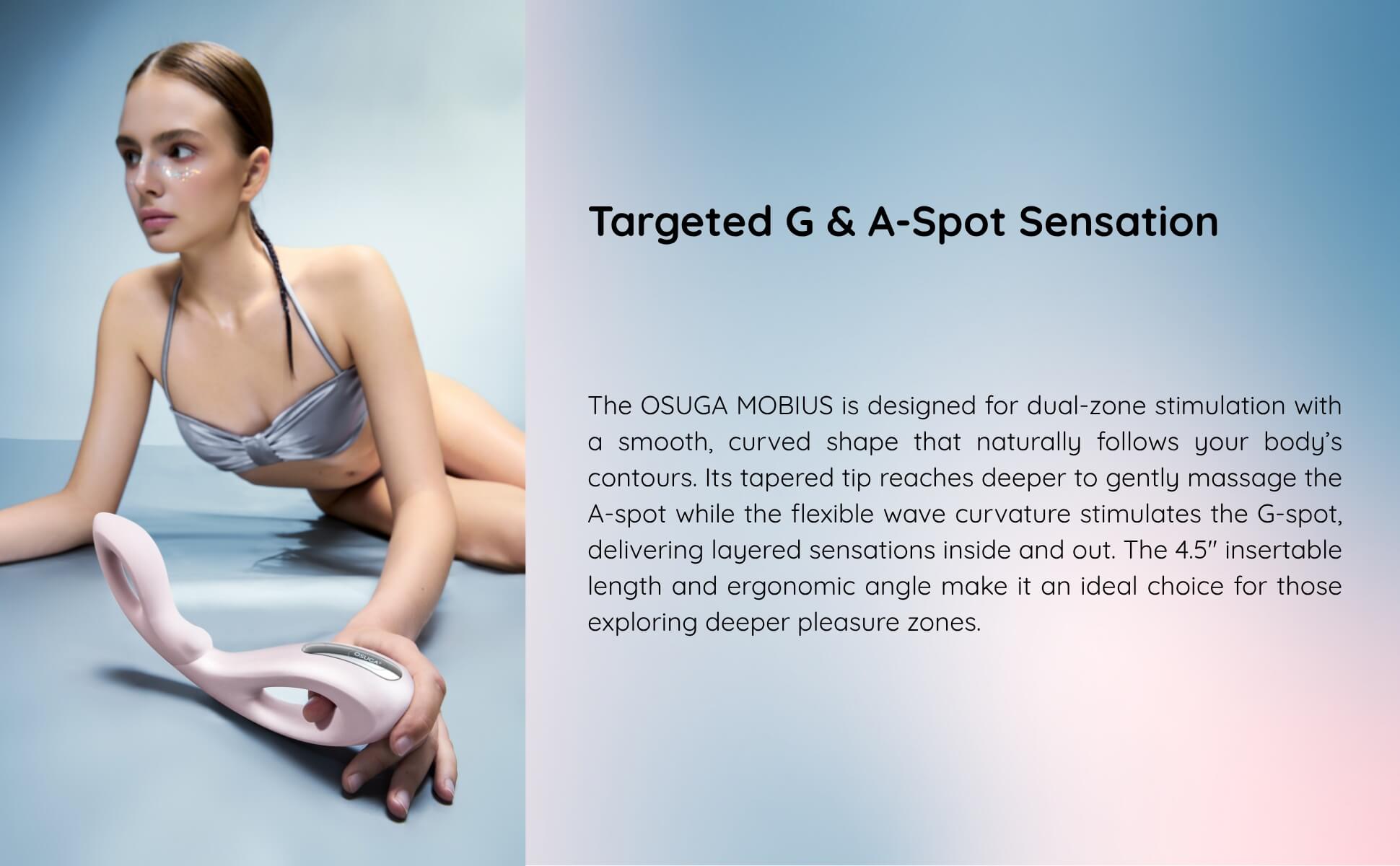 Woman with a product labeled 'Targeted G & A-Spot Sensation' on a gradient background