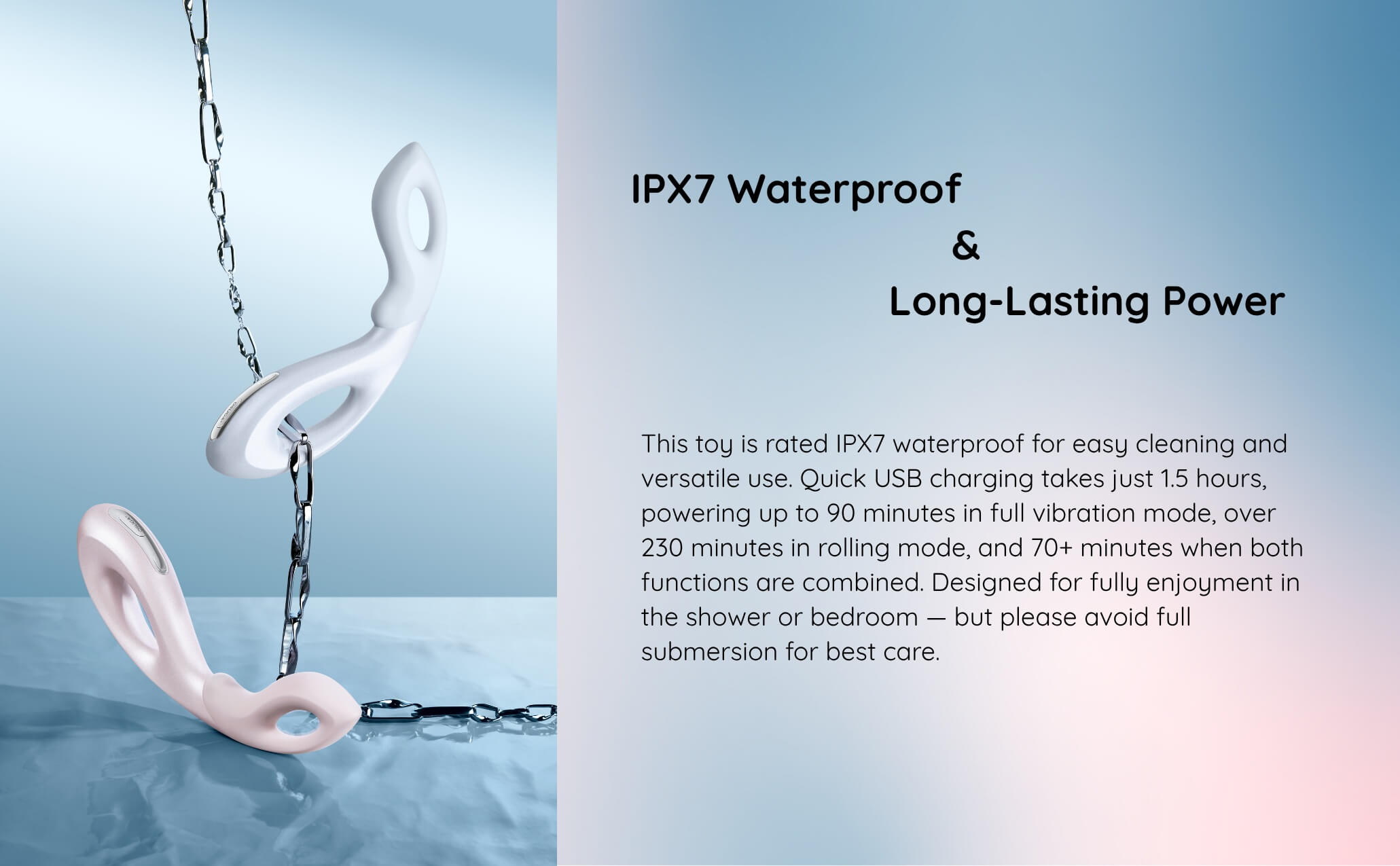 White electronic device with chain on a blue gradient background, featuring text about waterproof rating and power.