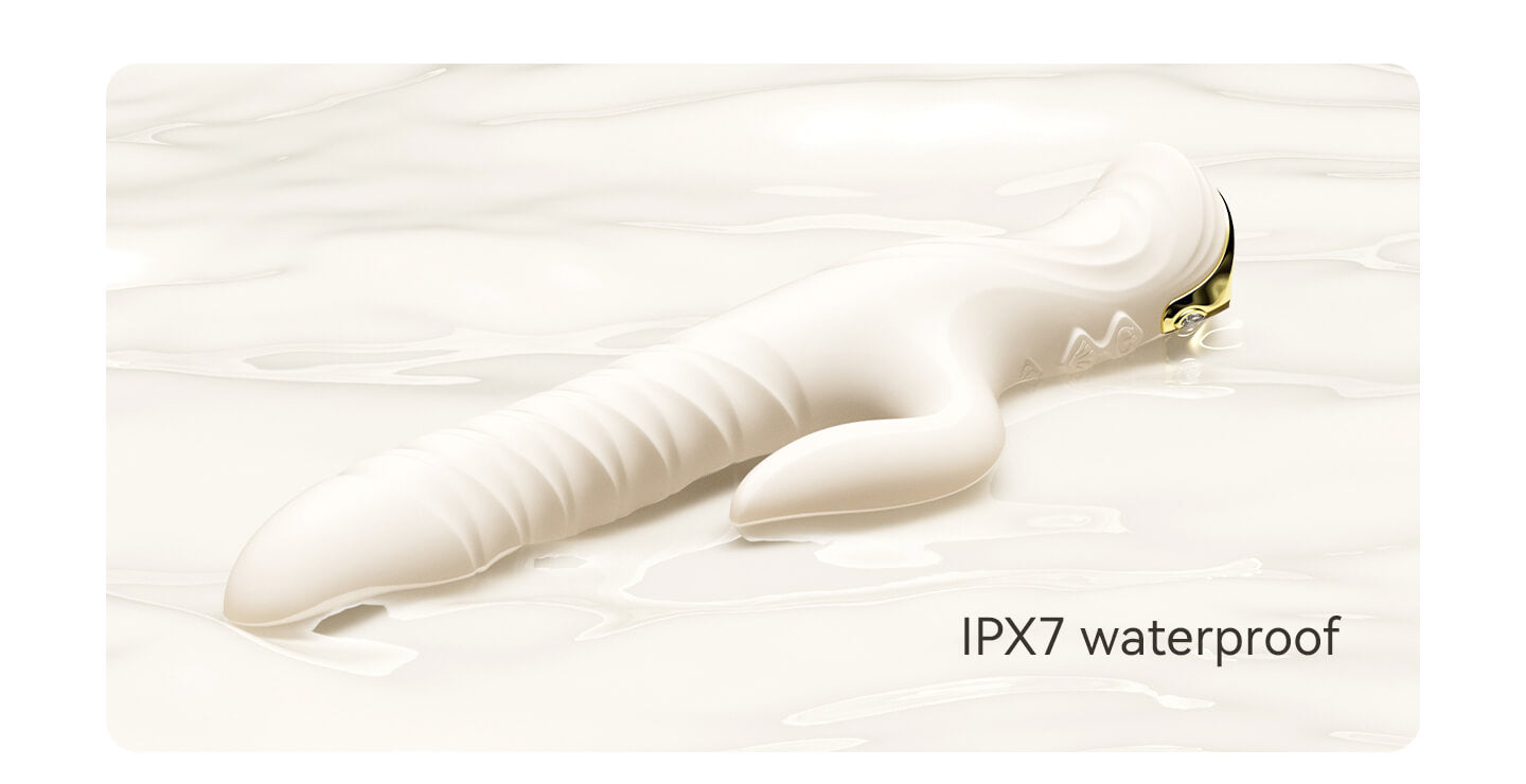 White rabbit vibrator on a light gray background with 'IPX7 waterproof' text.