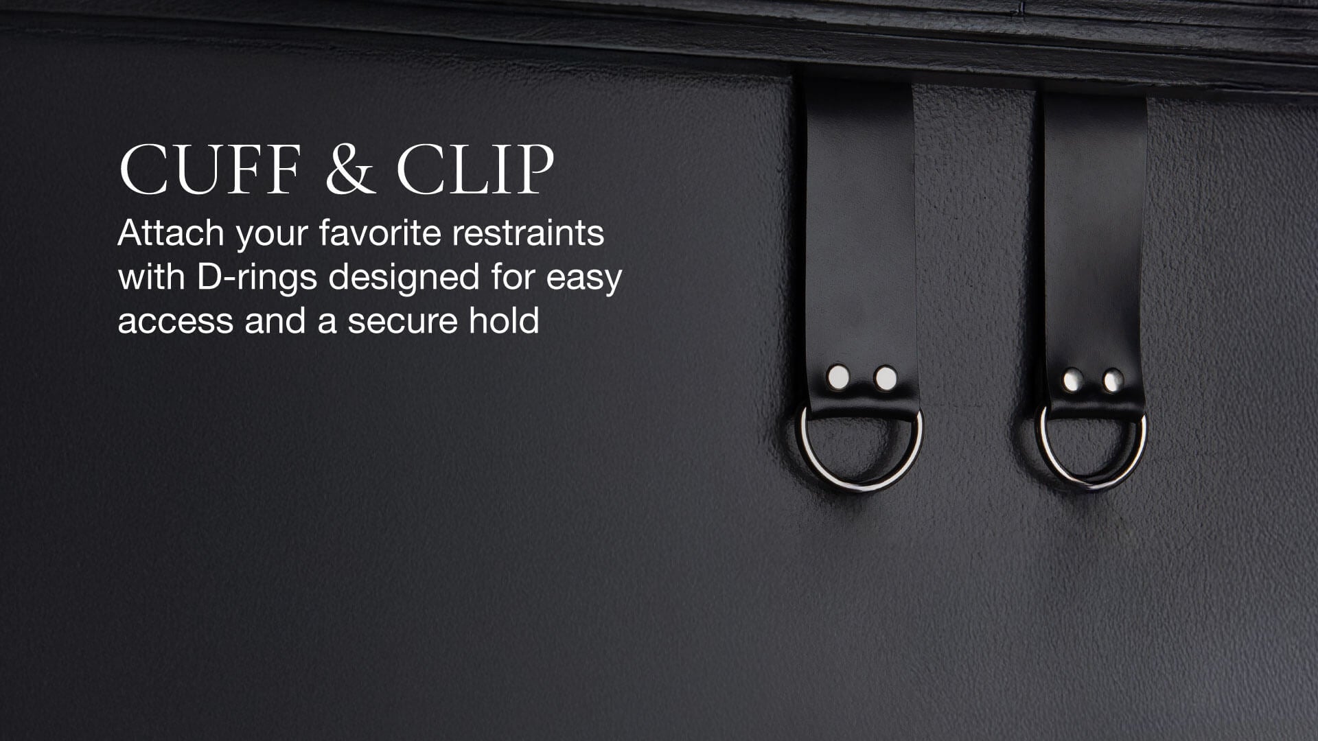 Black leather cuff and clip with D-rings on a dark background