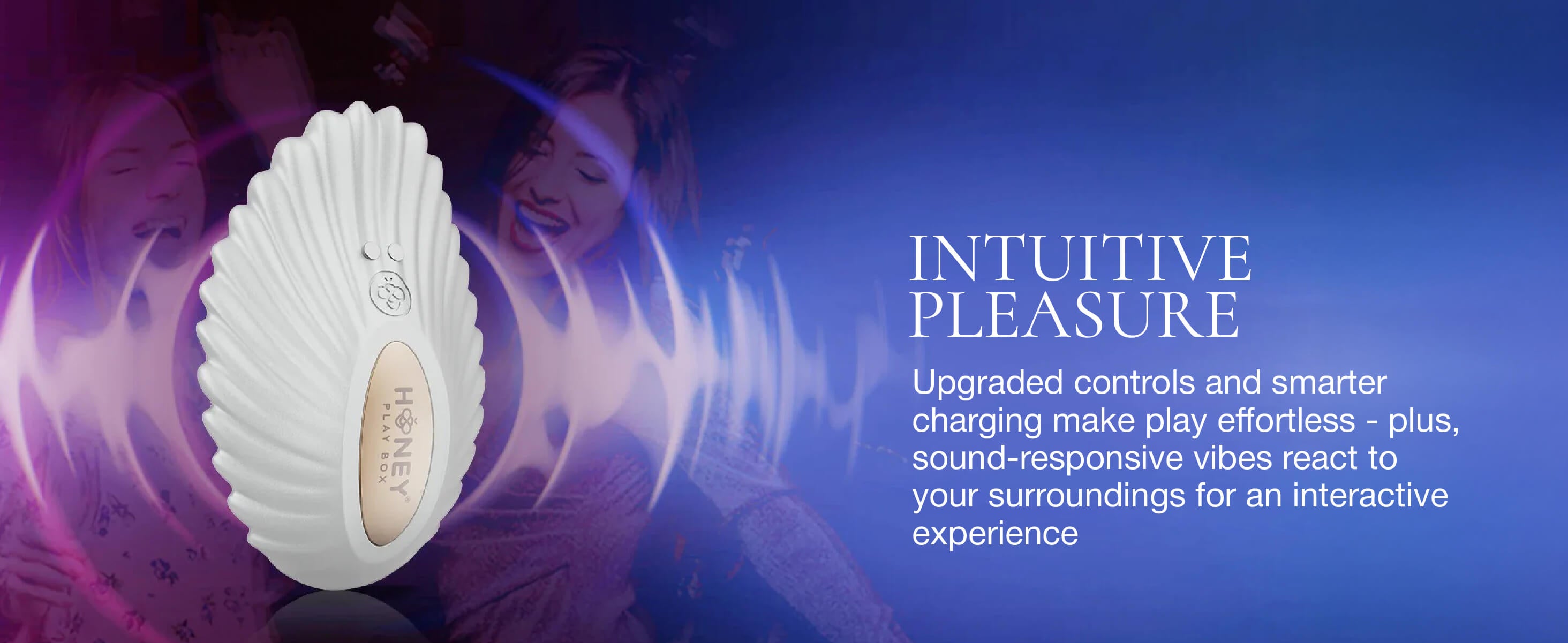 White shell-shaped device with branding on a blue background with text about 'Intuitive Pleasure'.
