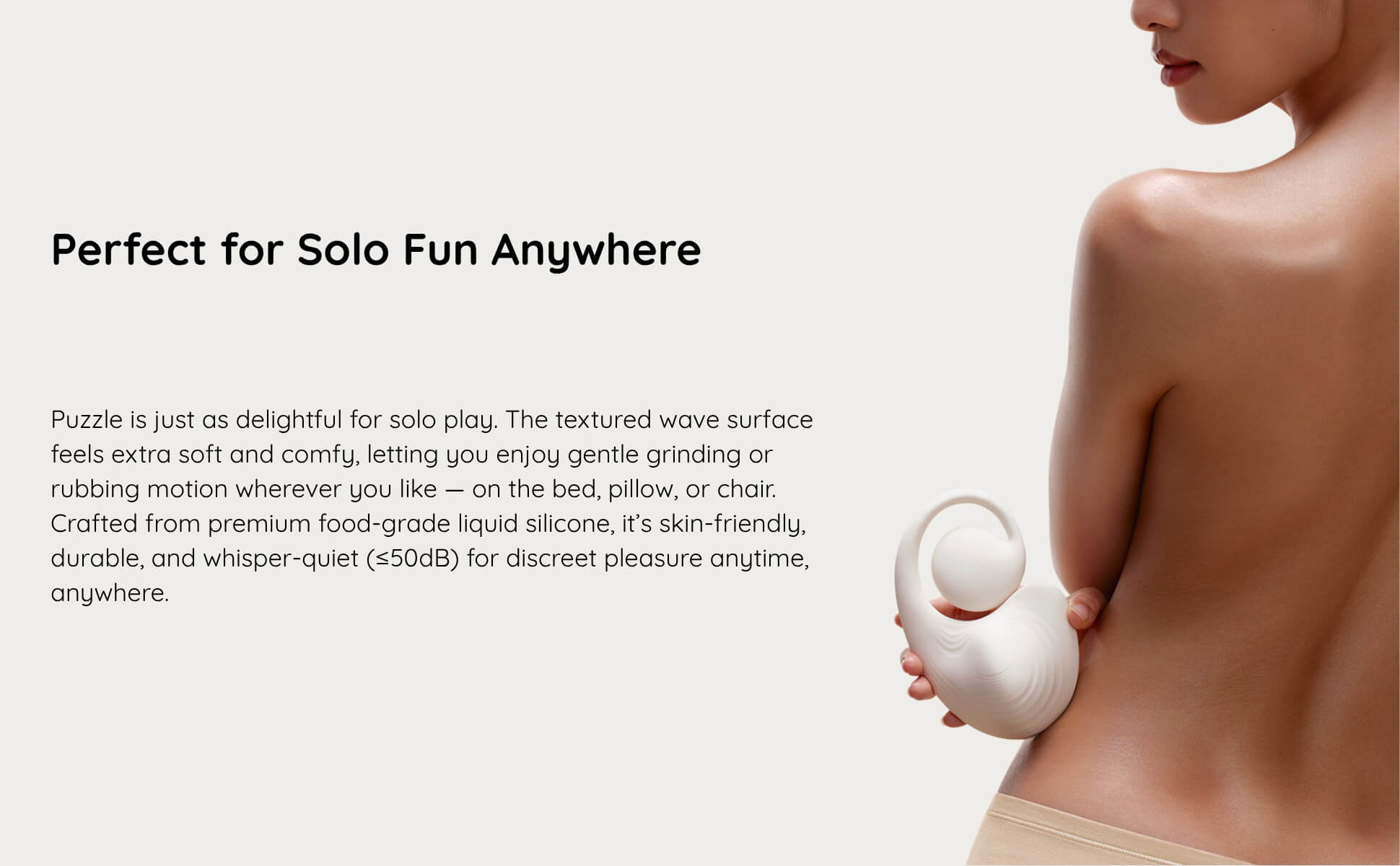Product advertisement with a person holding a white object, text about solo play, and product features.