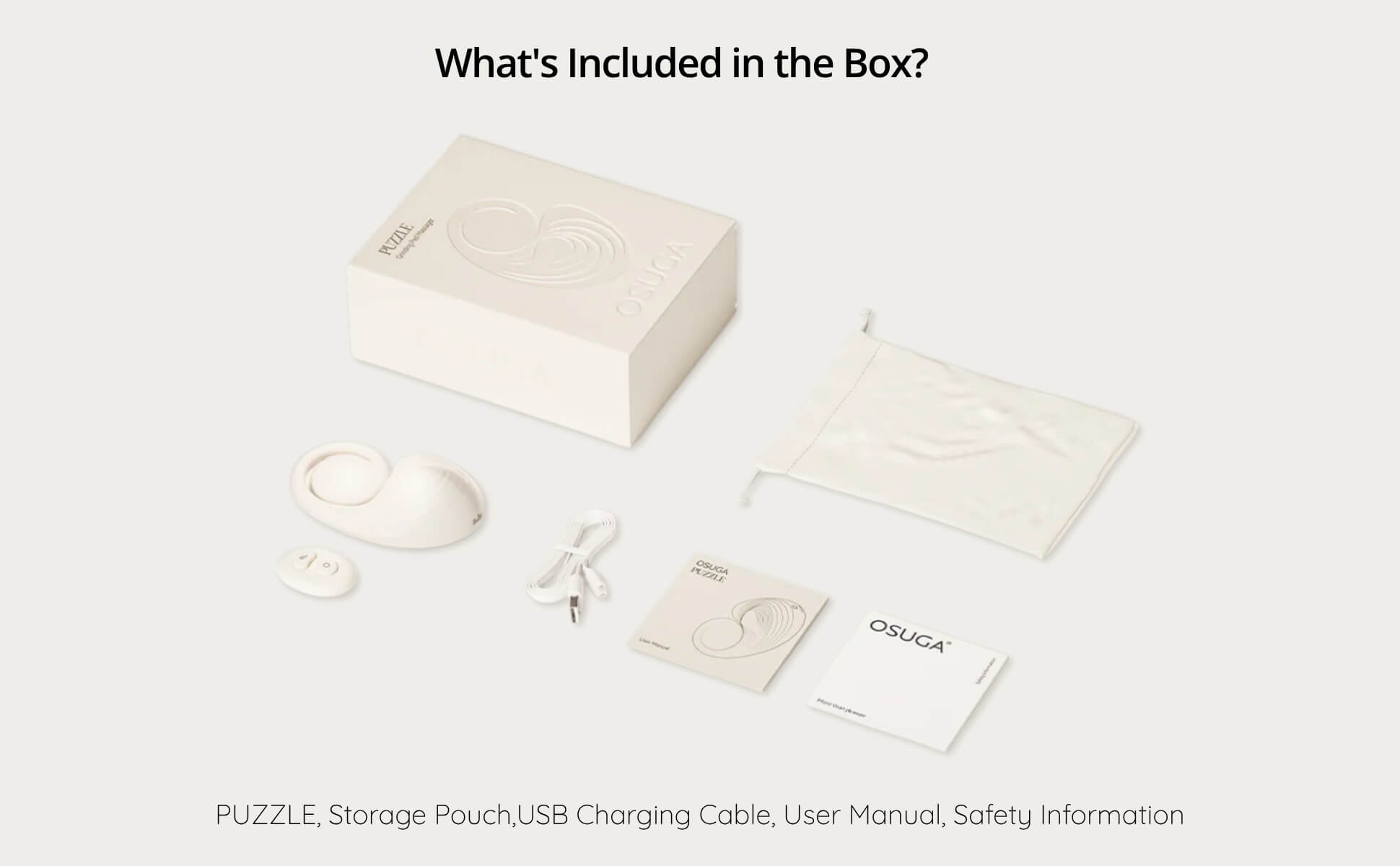 Product packaging with items listed on a white background