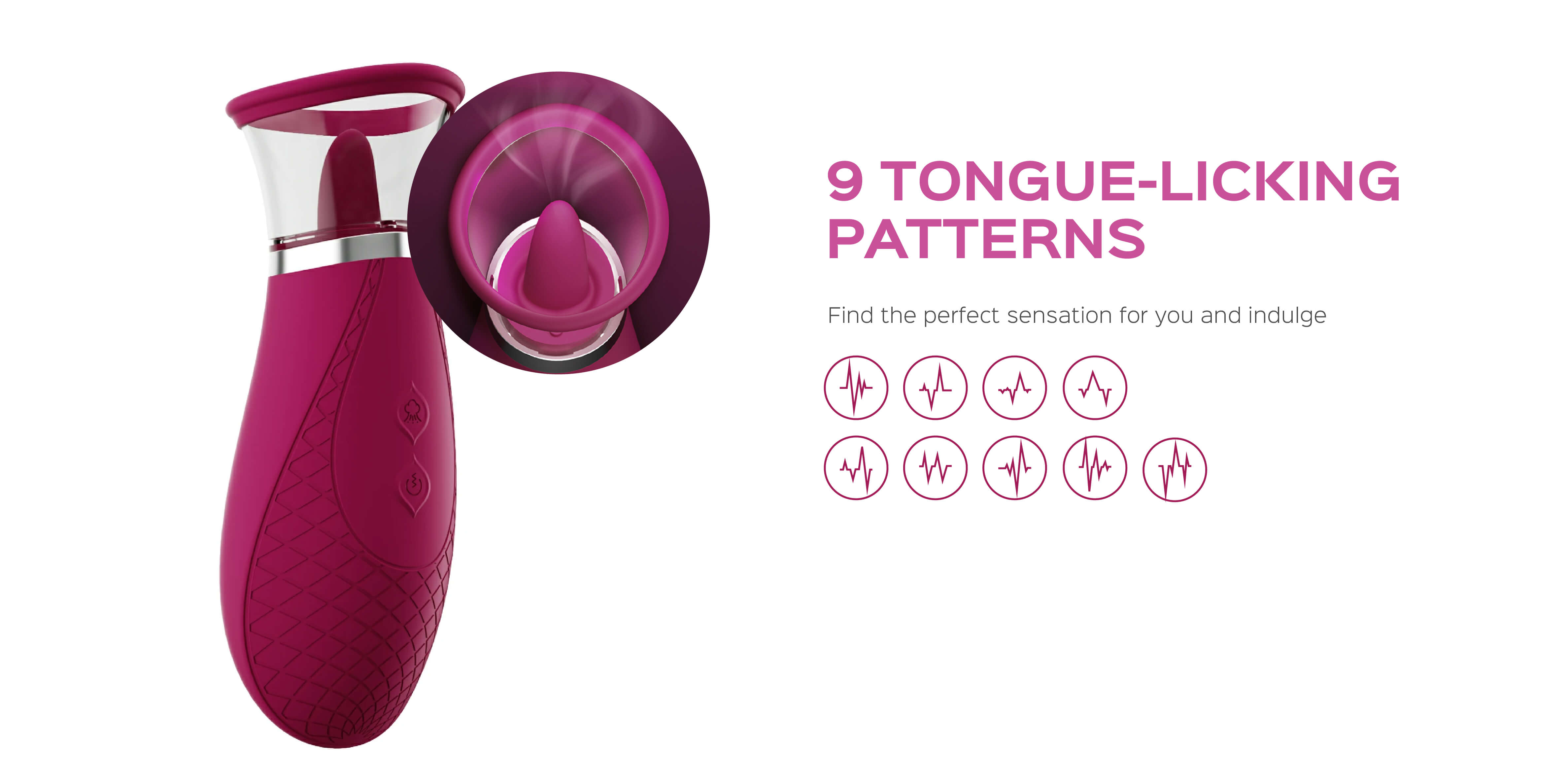 Purple and silver vibrator with '9 Tongue-Licking Patterns' text on a white background