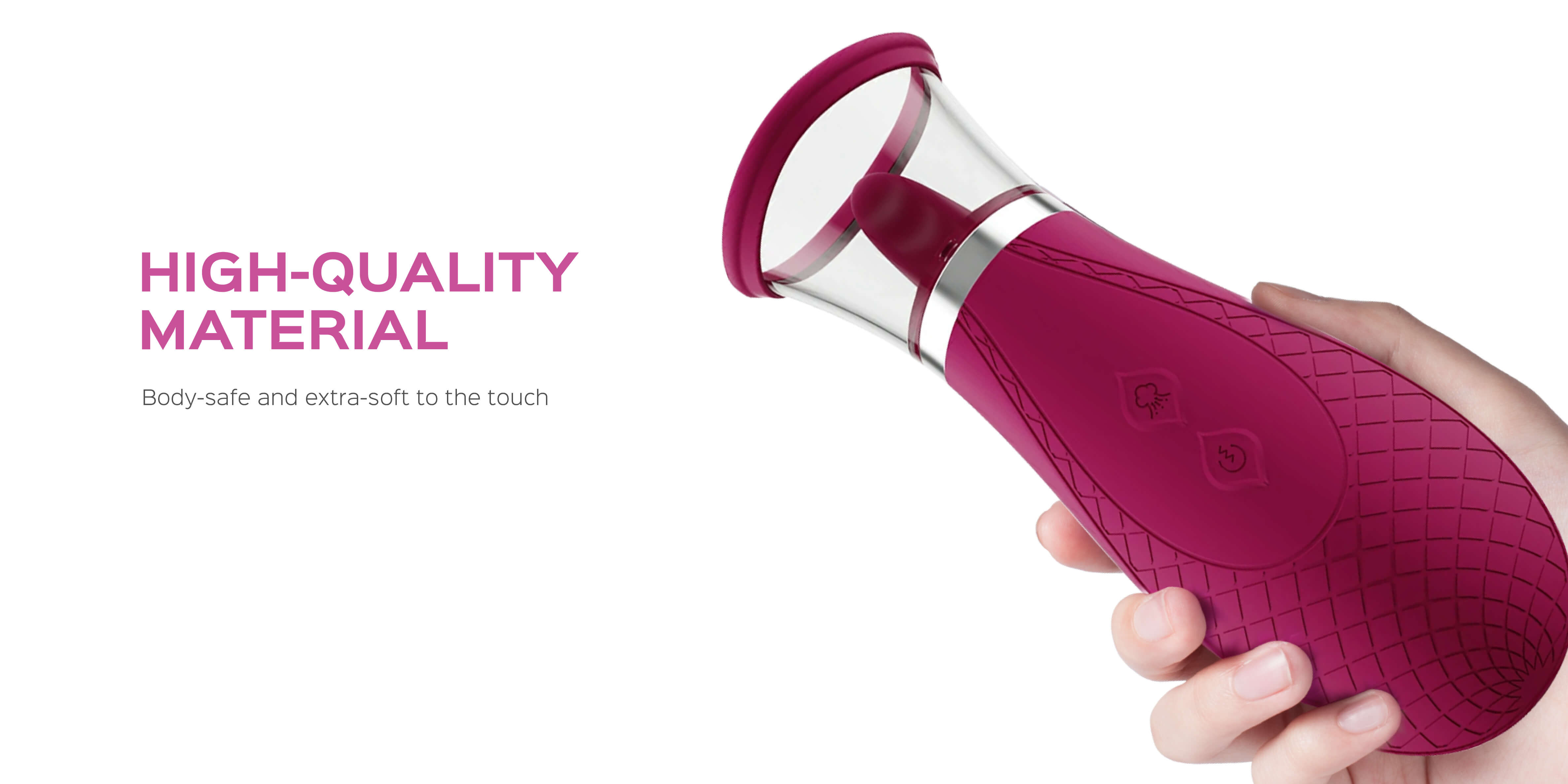 Hand holding a pink handheld massager with 'High-Quality Material' text on a white background