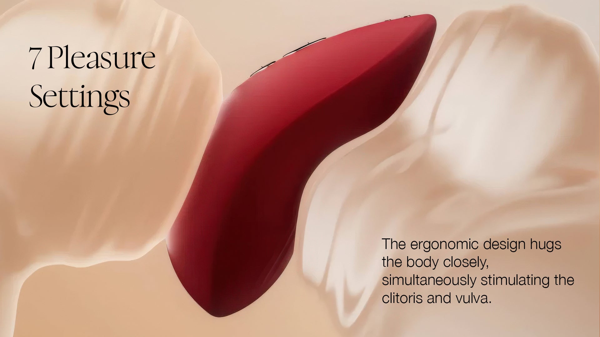 Red vibrator with text about pleasure settings and ergonomic design on a beige background