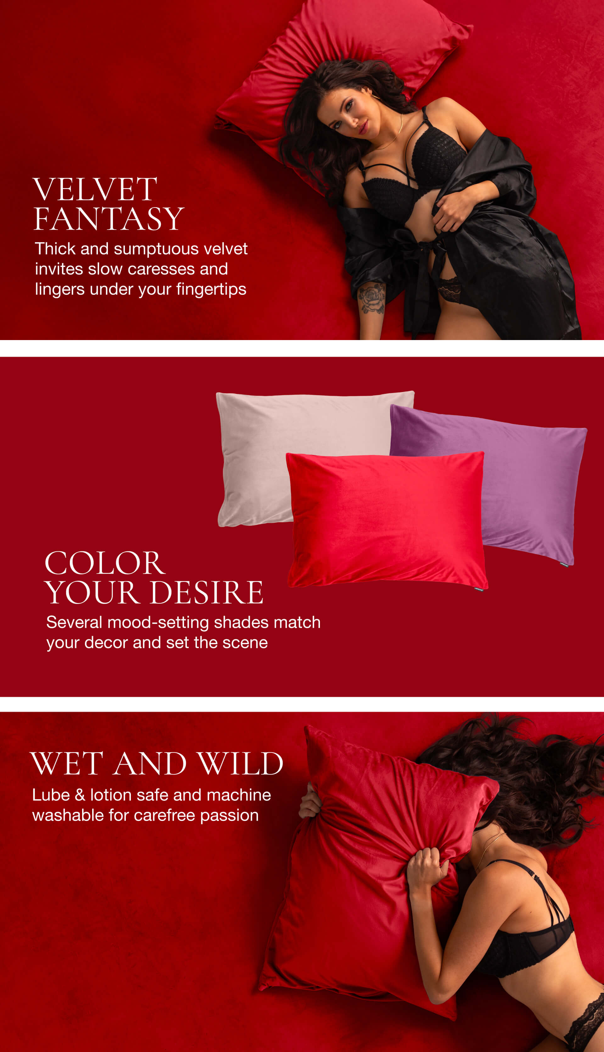 Advertisement for velvet pillows with text about texture, color, and safety.