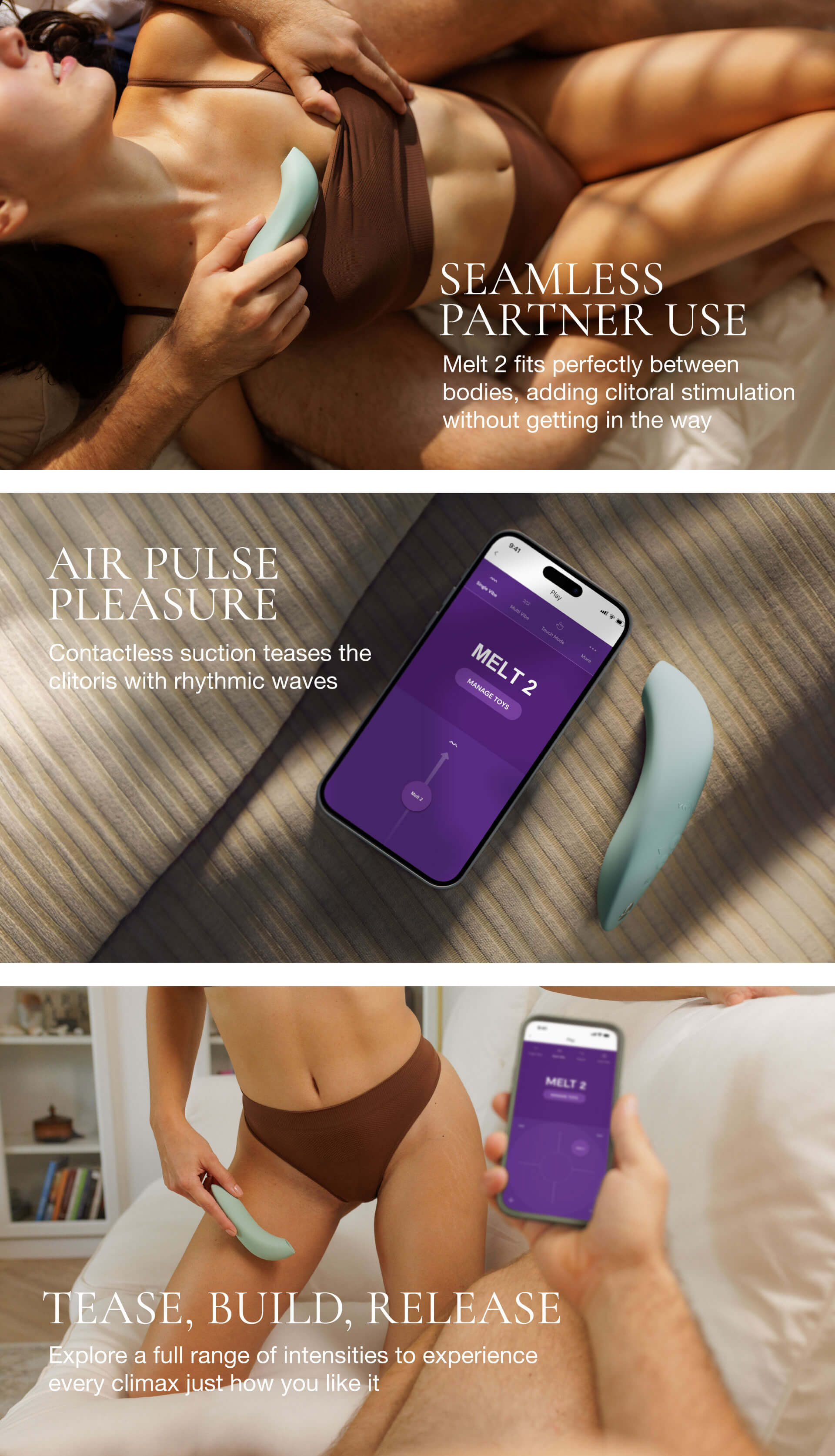 Product advertisement for a sexual wellness device with app control, showing usage and app interface.
