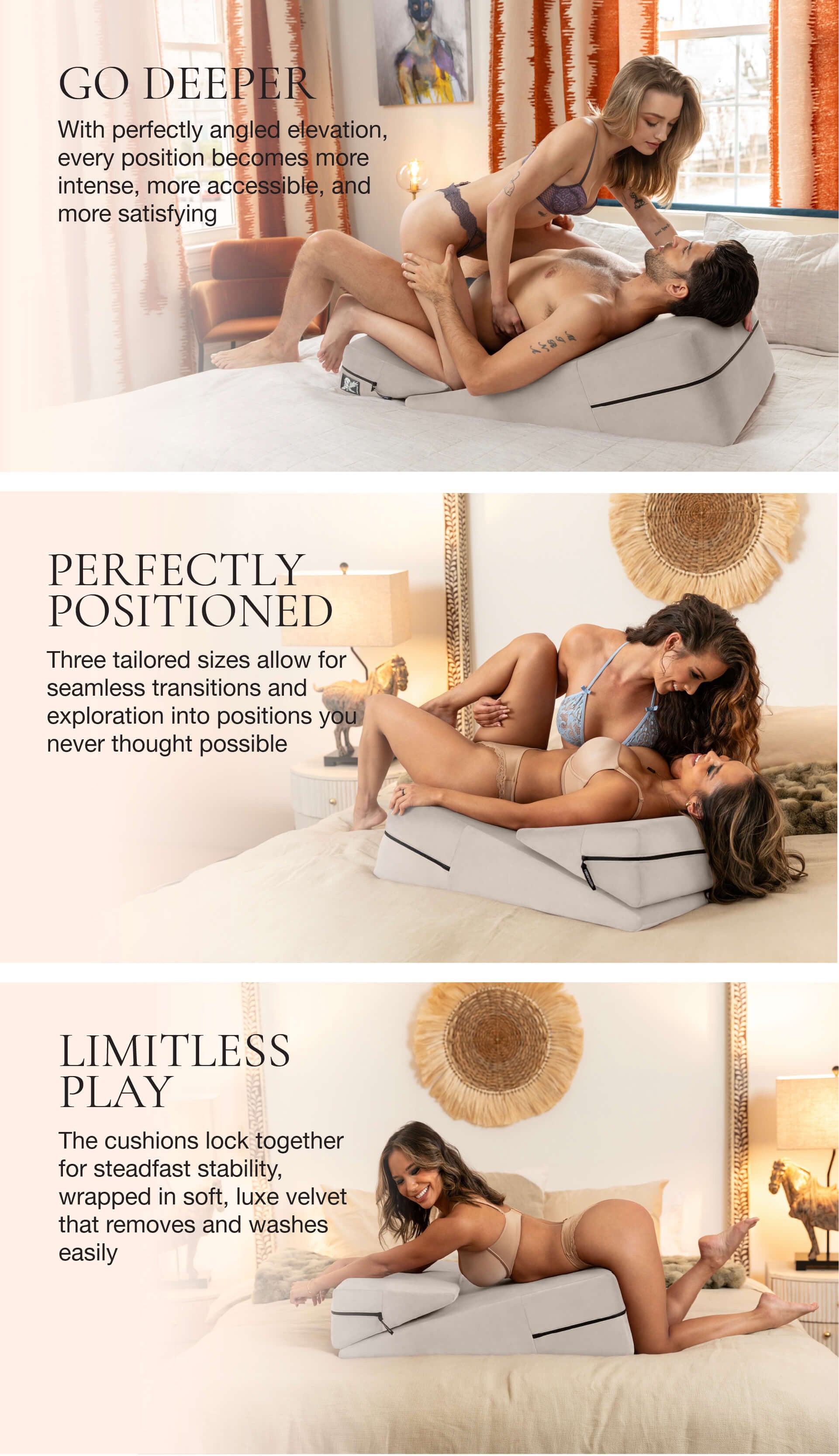 Three women using a bed wedge product in a bedroom setting with text describing its features.