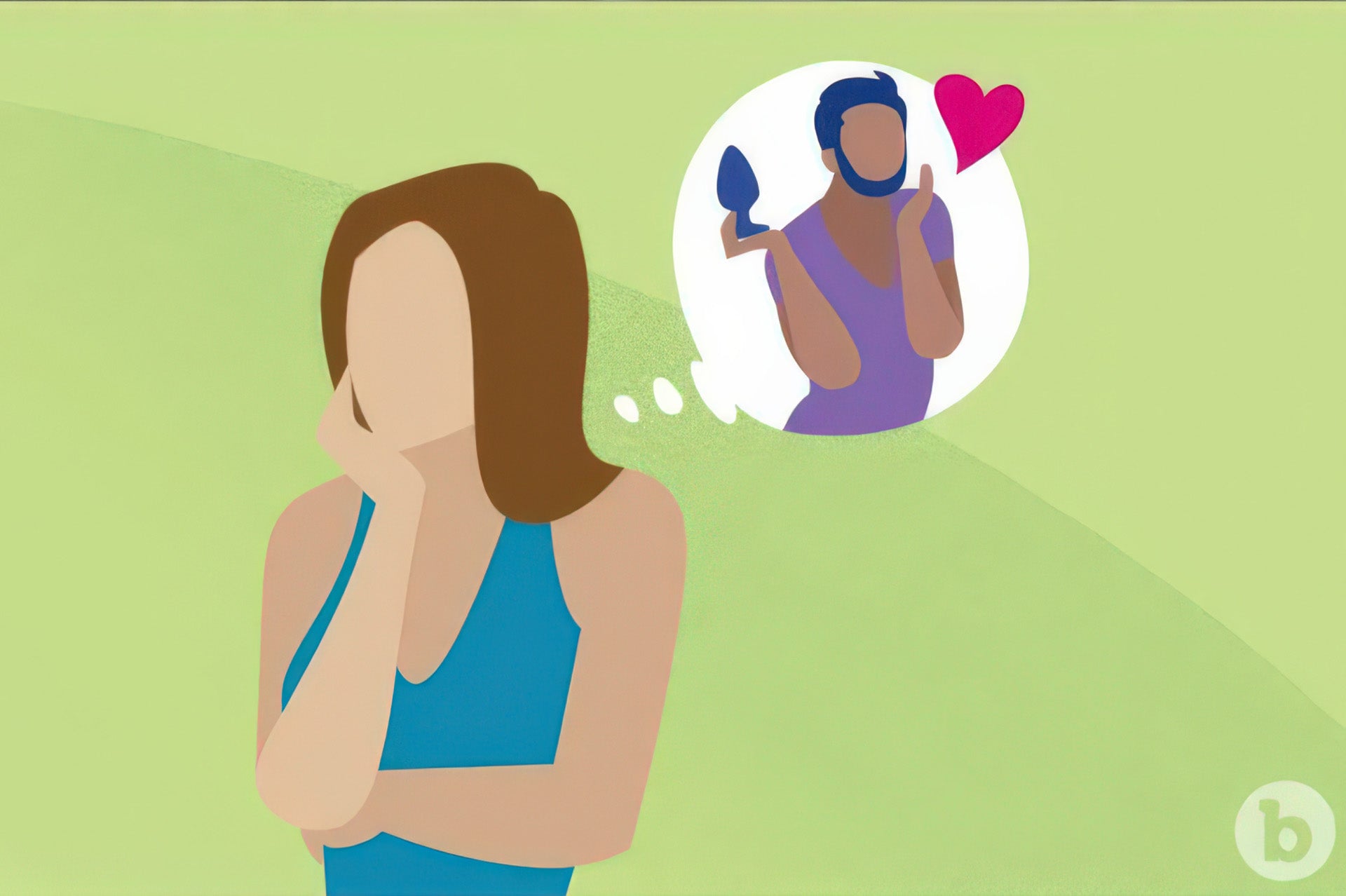 Illustrated graphic of a woman thinking about a man holding a butt plug with a heart, on a green background.