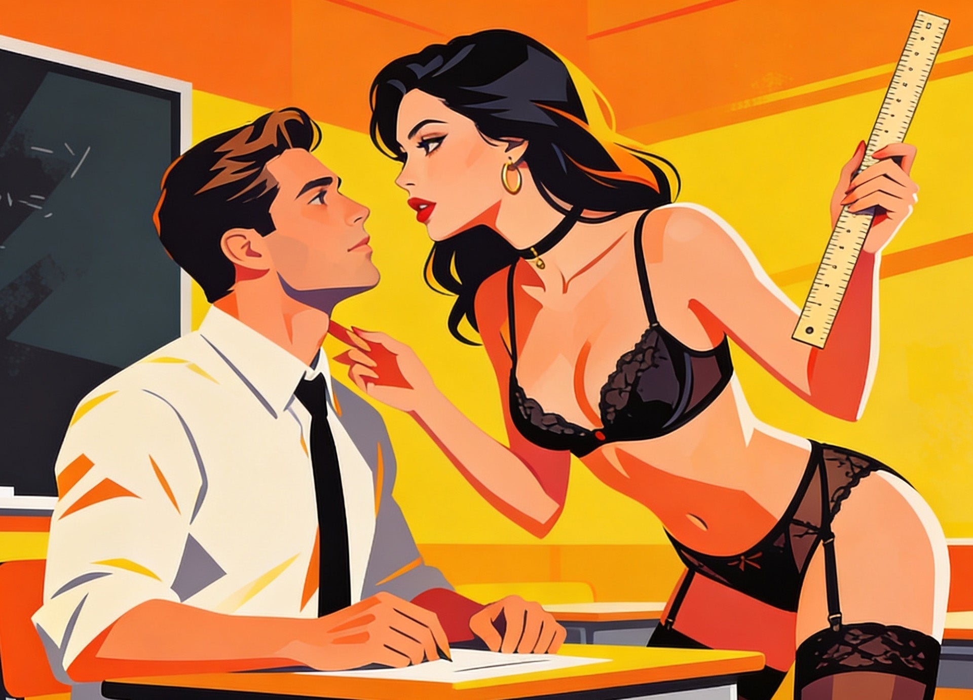 Illustration of a woman in black lingerie leaning over a seated man in a classroom setting, holding a ruler while they make eye contact, styled in a bold, colorful, retro comic-book aesthetic.