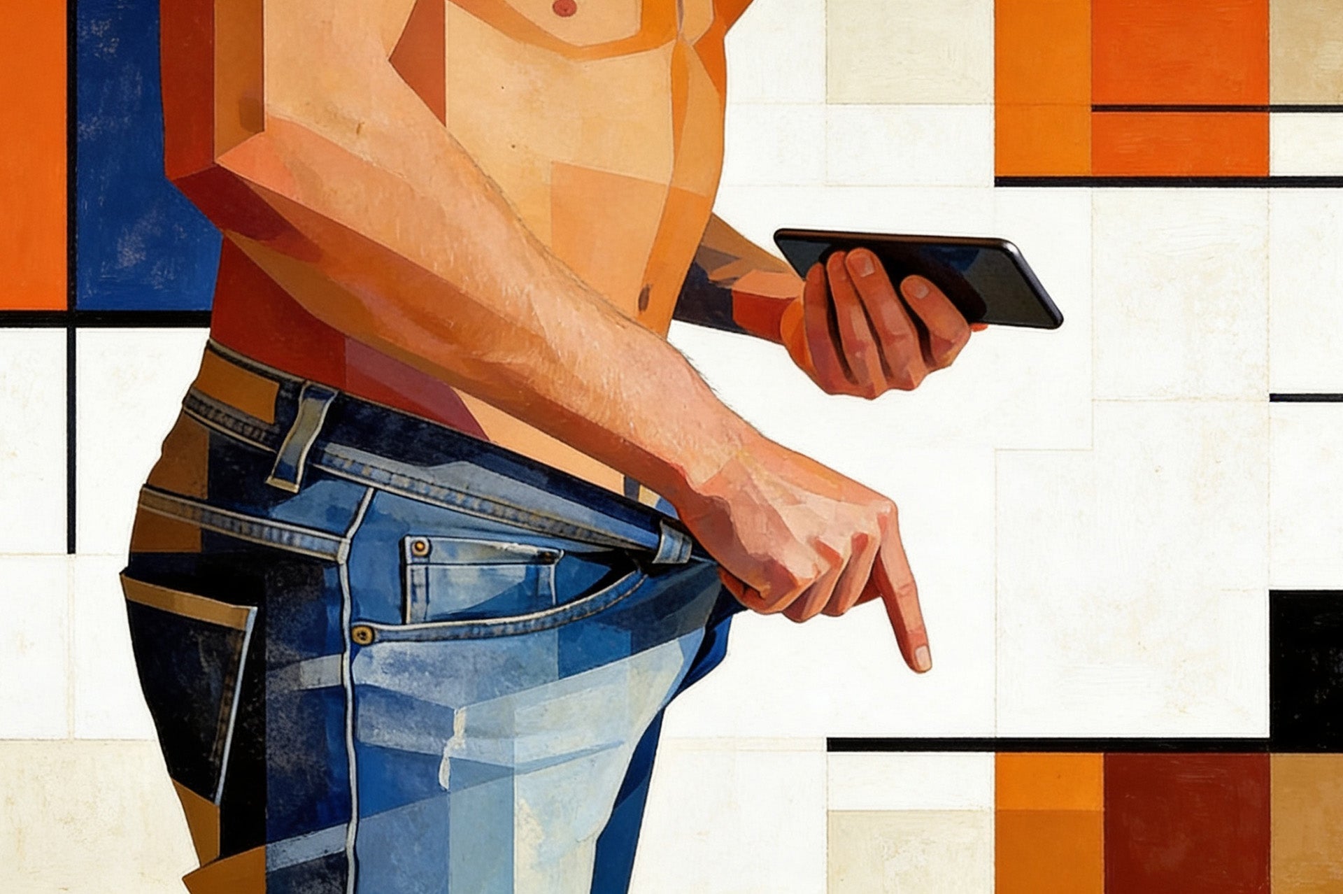 Illustration of a man pointing a phone down his pants