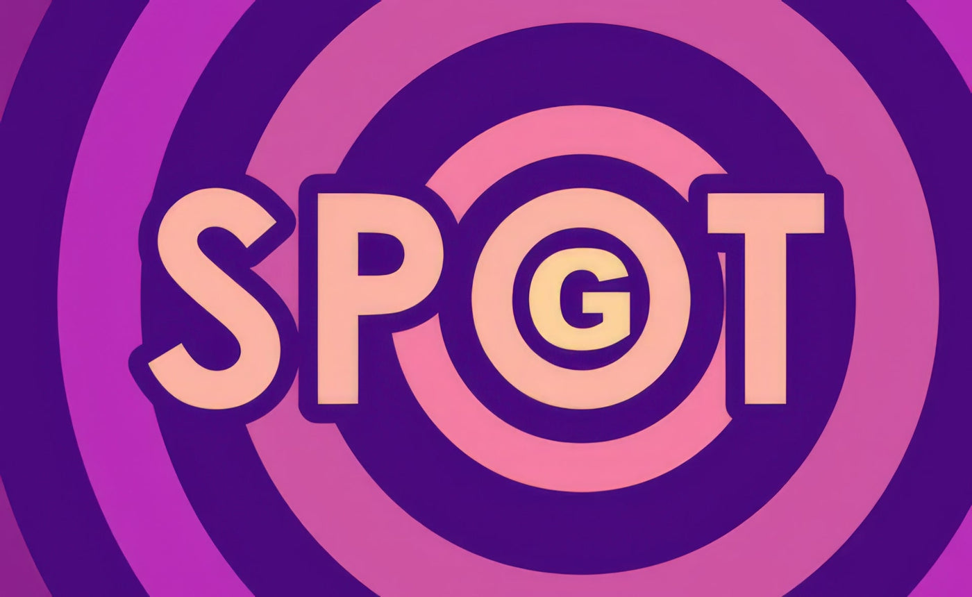 Bold graphic reading 'G SPOT' in peach block letters on a swirling purple and magenta background.