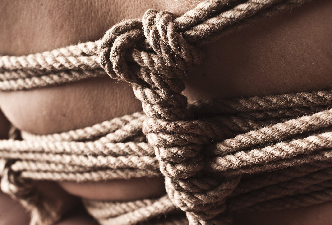 A person from the back tied with shibari rope close up