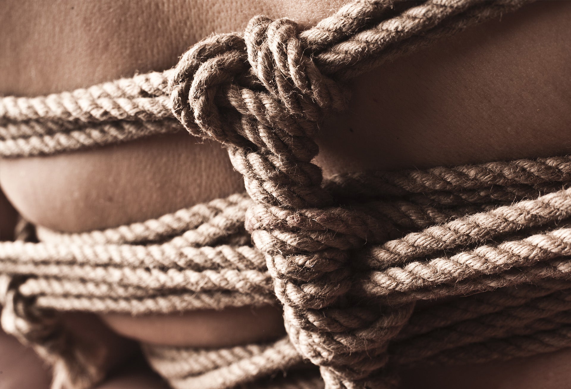 A person from the back tied with shibari rope close up