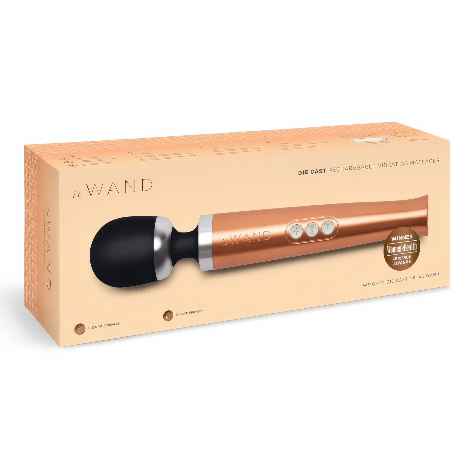 Package of a Le WAND die-cast rechargeable vibrating massager on a white background