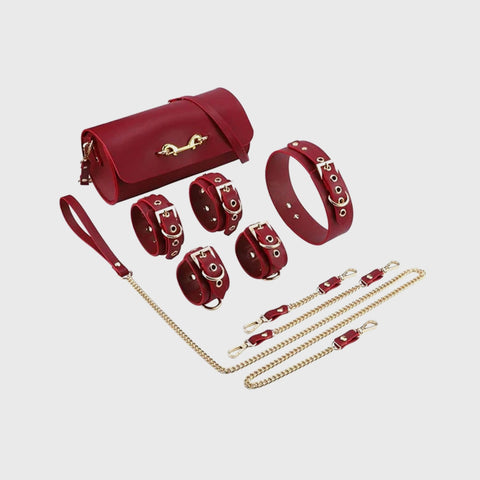 Honey Play Box Leather Restraint Kit with all components on white background