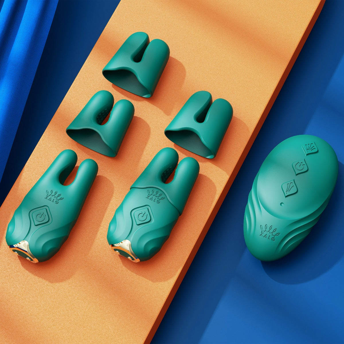Lifestyle shot of Nave vibrating nipple clamps by Zalo with interchangeable heads and remote