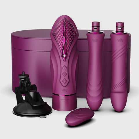 Pieces of Sesh sex machine in front of carrying container purple