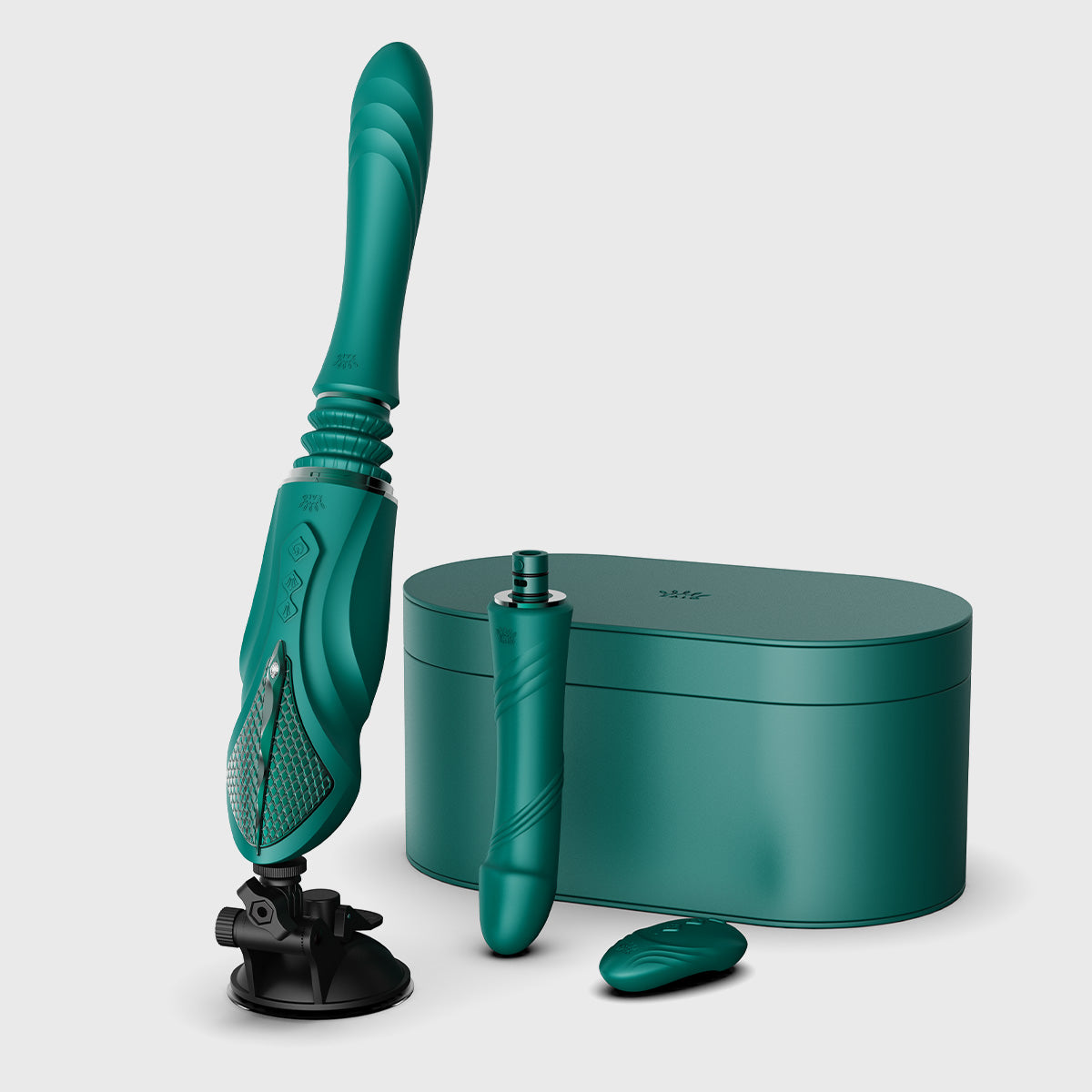 Sesh sex machine assembled next to carrying container in green