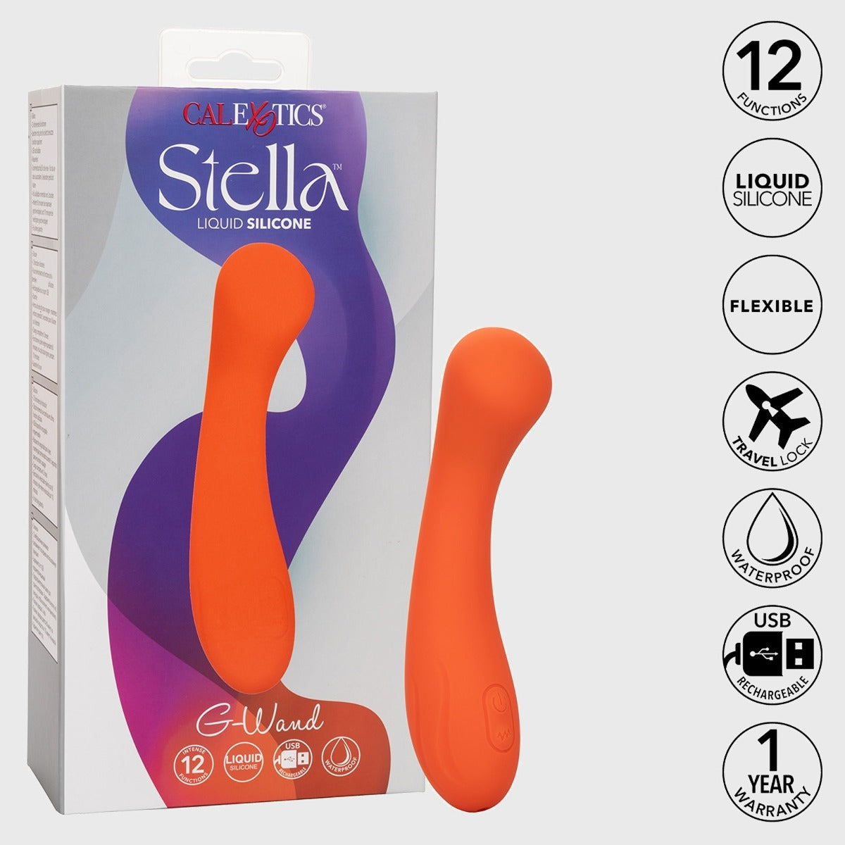 Features: 12 functions, liquid silicone, flexible, travel lock, waterproof, USB rechargeable, 1 year warranty