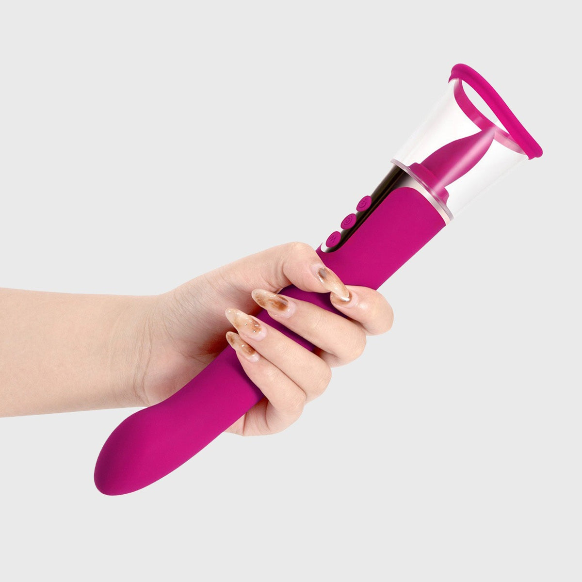 Hand holding succion tongue vibrator by honey play box