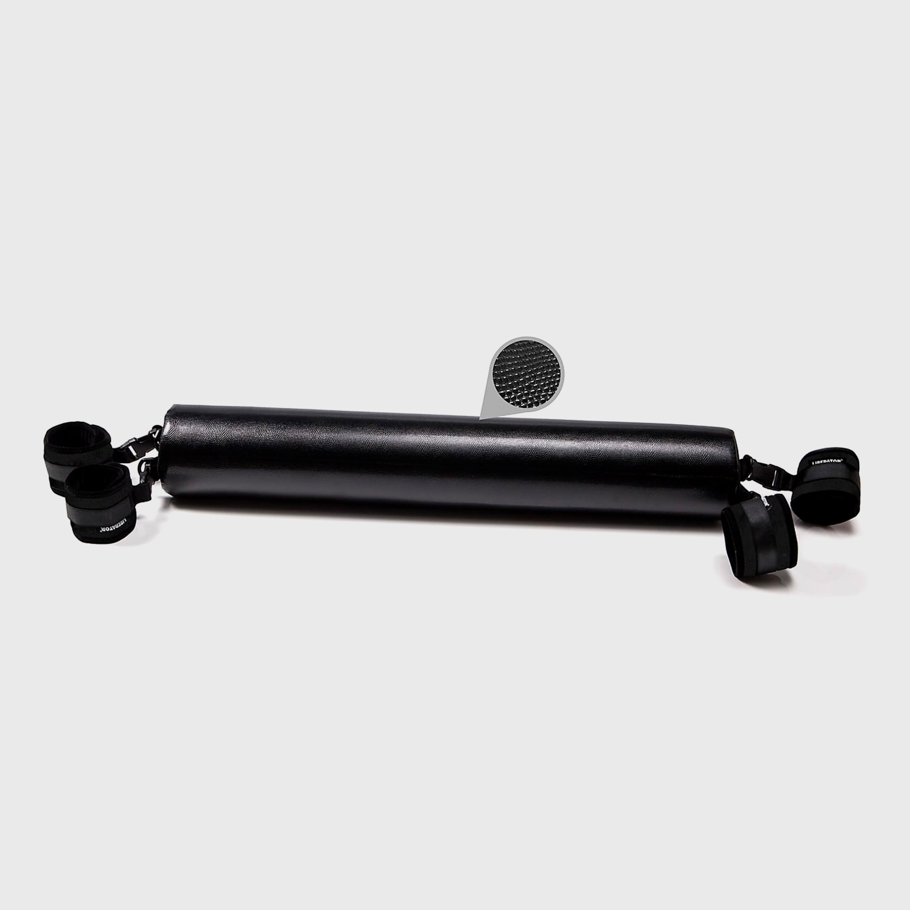 Black spreader bar with attachments on a white background