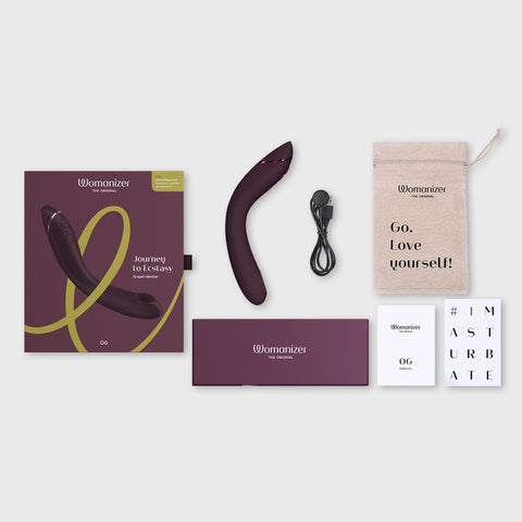 Womanizer OG Waterproof Vibrator Contents In Packaging, Aubergine