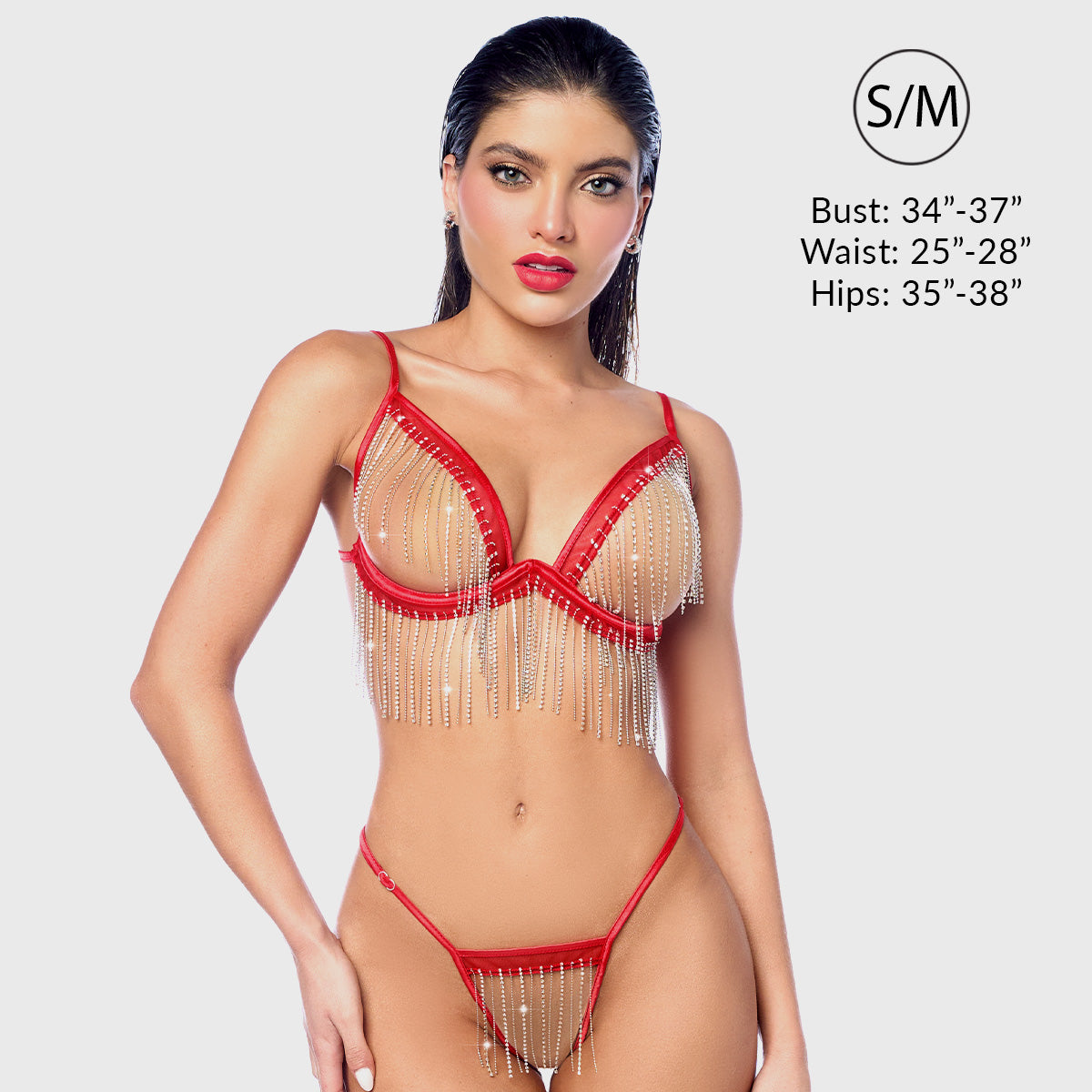Model wearing a red fringe lingerie set with size information on a light gray background