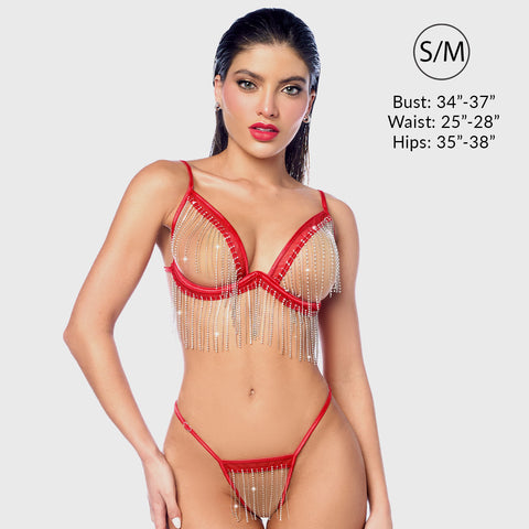 Model wearing a red fringe lingerie set with size information on a light gray background