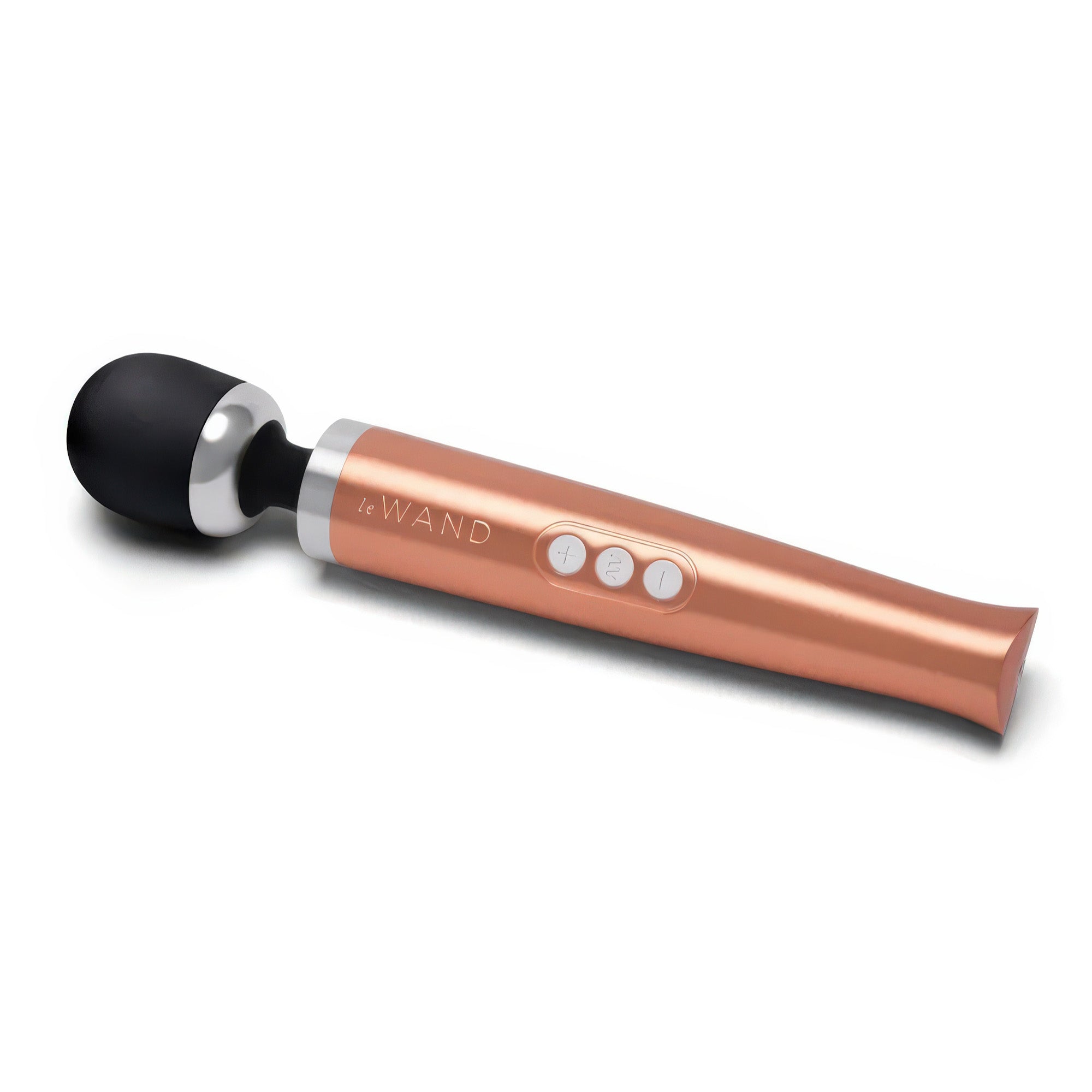 Rose gold and black handheld device with 'The Wand' branding on a white background