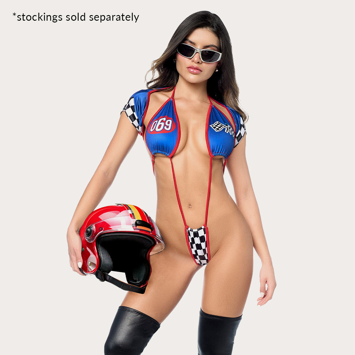 Woman posing in sunglasses with helmet wearing Finish Line costume