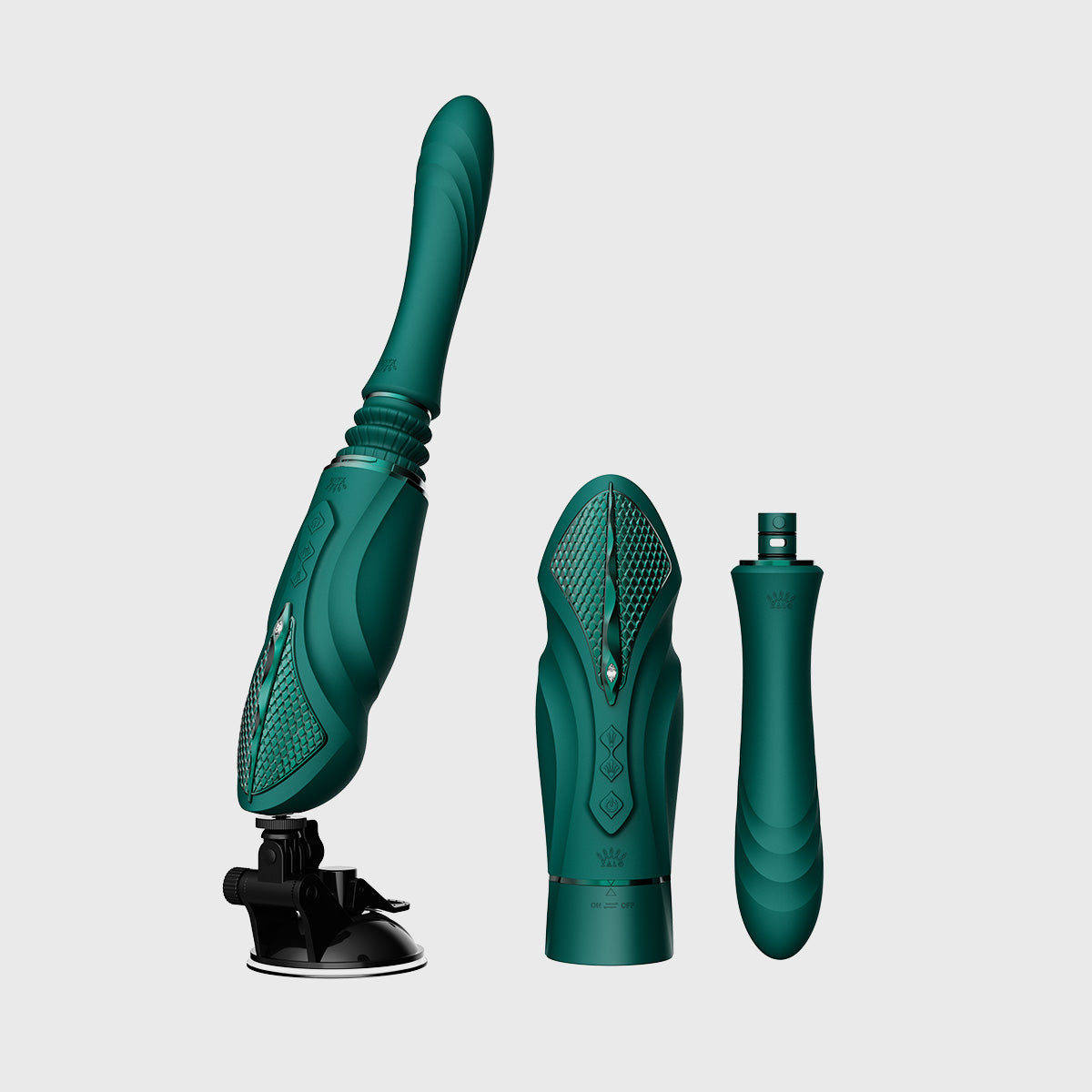 Sesh sex machine assembled next to disassembled pieces in green