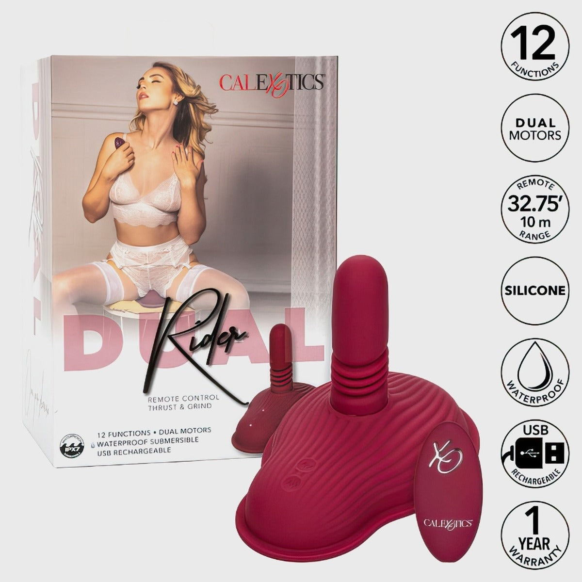 12 functions, dual motors, remote 32.75' 10m range, silicone, waterproof, USB rechargeable, 1 year warranty 