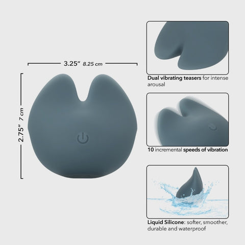 3.25"x2.75" 
dual vibrating teasers for intense arousal, 10 incremental speeds of vibration, liquid silicone softer, smoother, durable, and waterproof