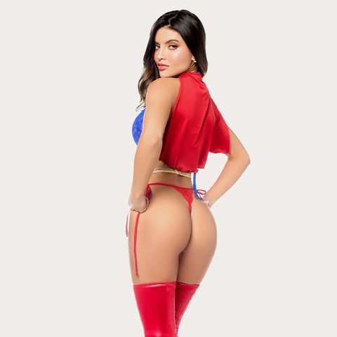 Back view of woman wearing Caped Crush costume