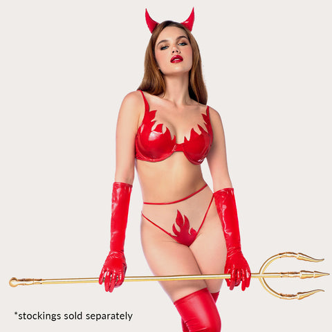 Woman wearing Pandora costume with added gloves, stockings and trident