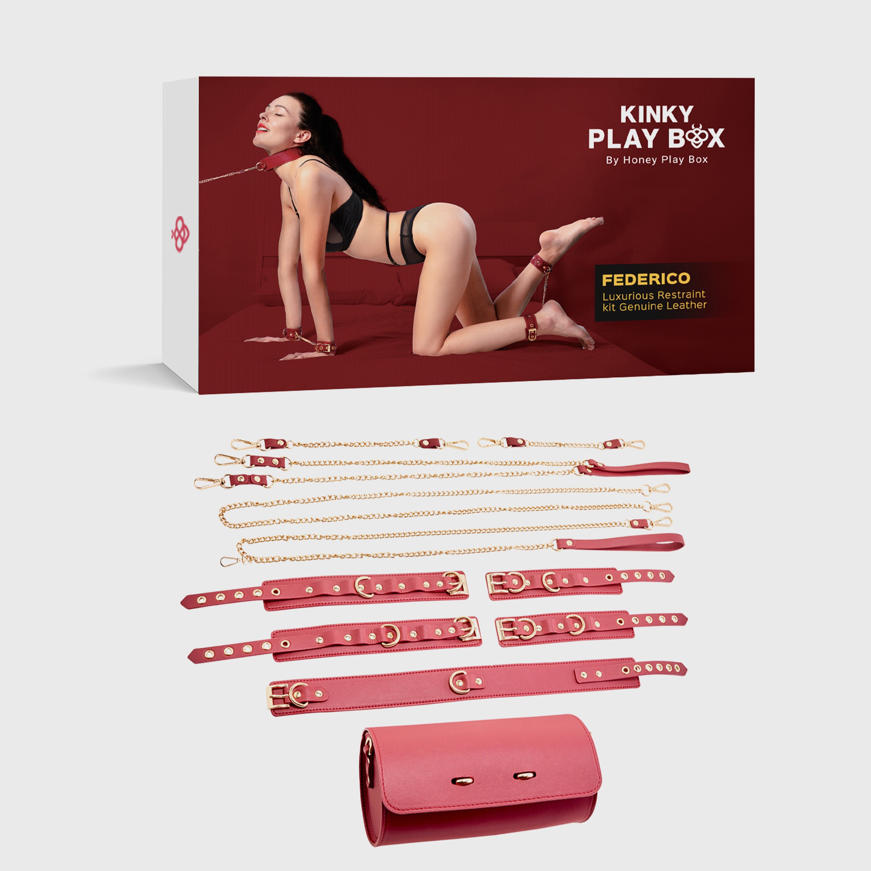 Honey Play Box leather restraint kit packaging shot with full contents