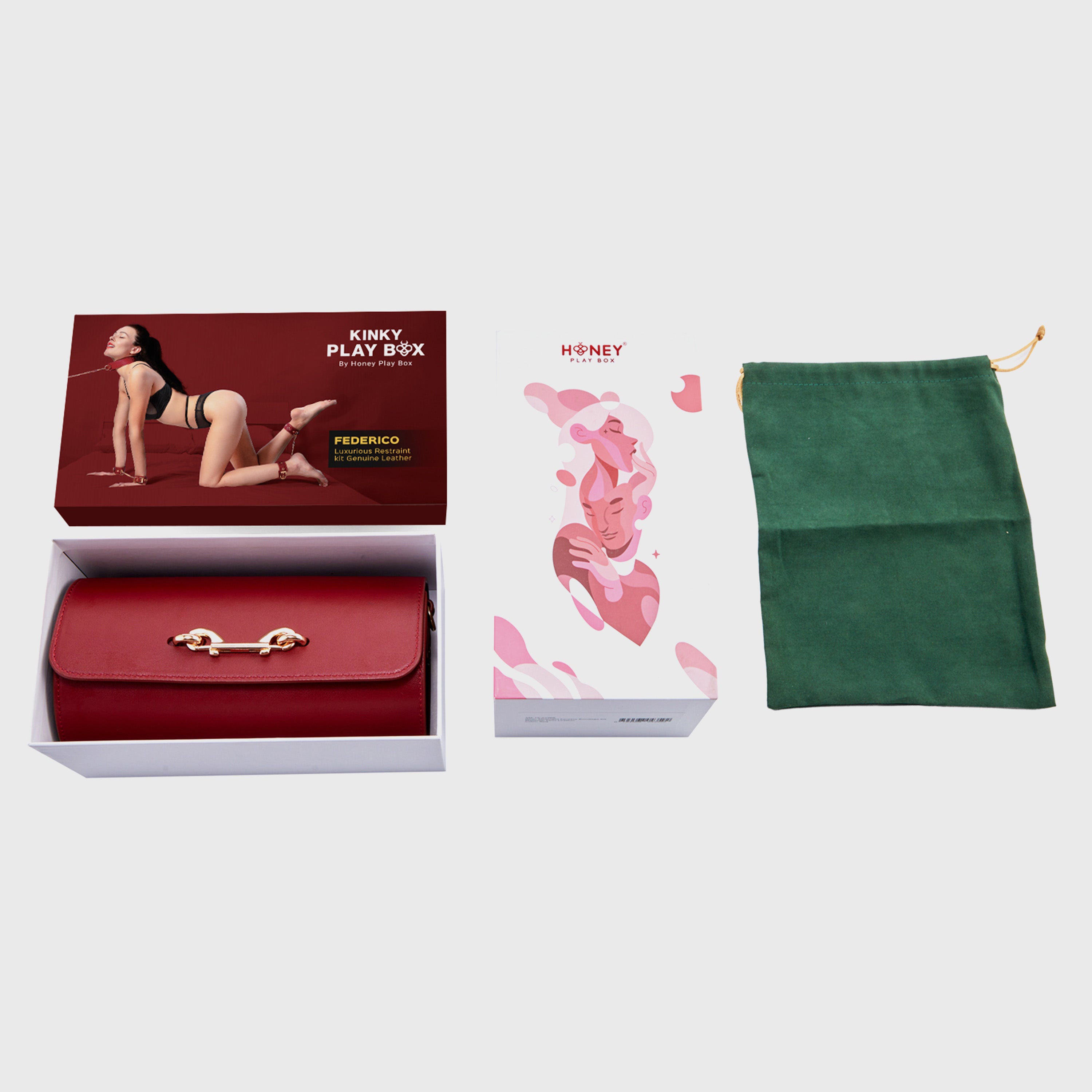 Honey Play Box leather restraint kit packaging shots with accessory bag