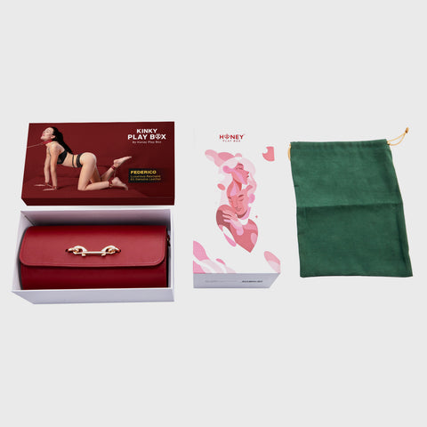 Honey Play Box leather restraint kit packaging shots with accessory bag