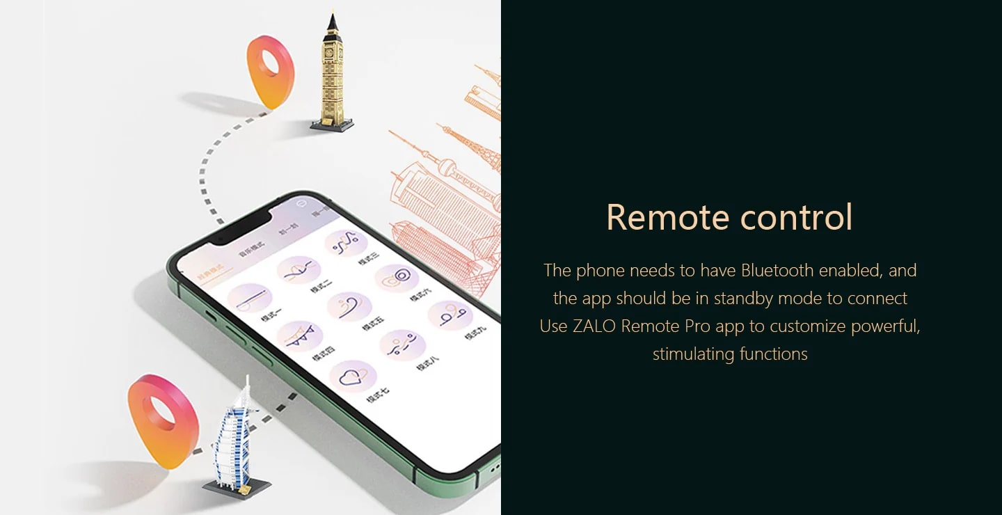 Smartphone with app interface on a white background, accompanied by text about remote control functionality.