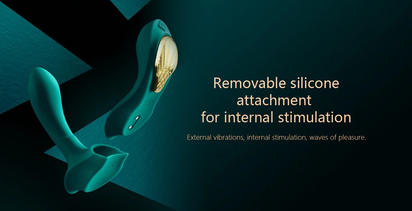 Removable silicone attachment for internal stimulation on a dark background with text.