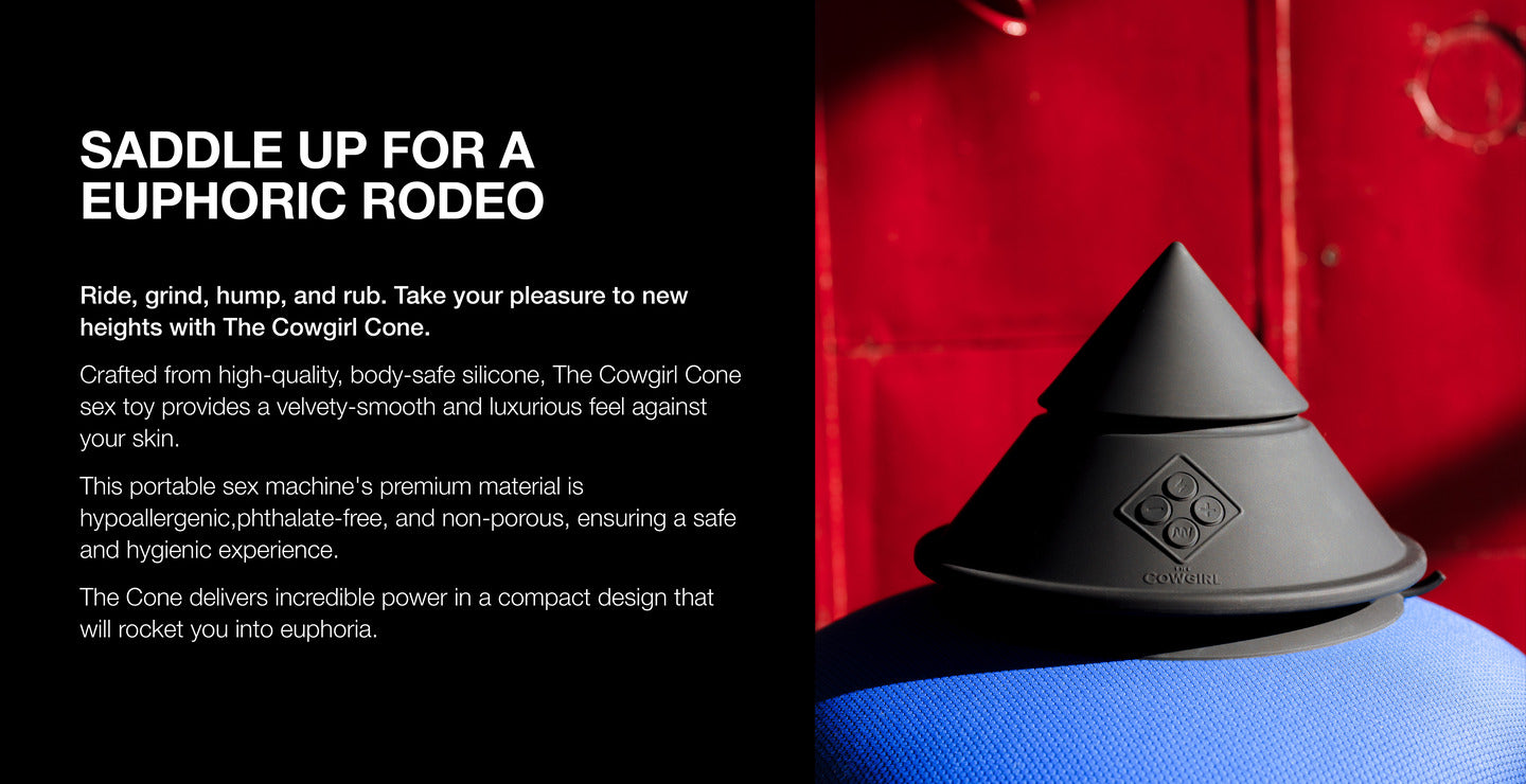 Product advertisement for a black cone-shaped device with text on a red and blue background.