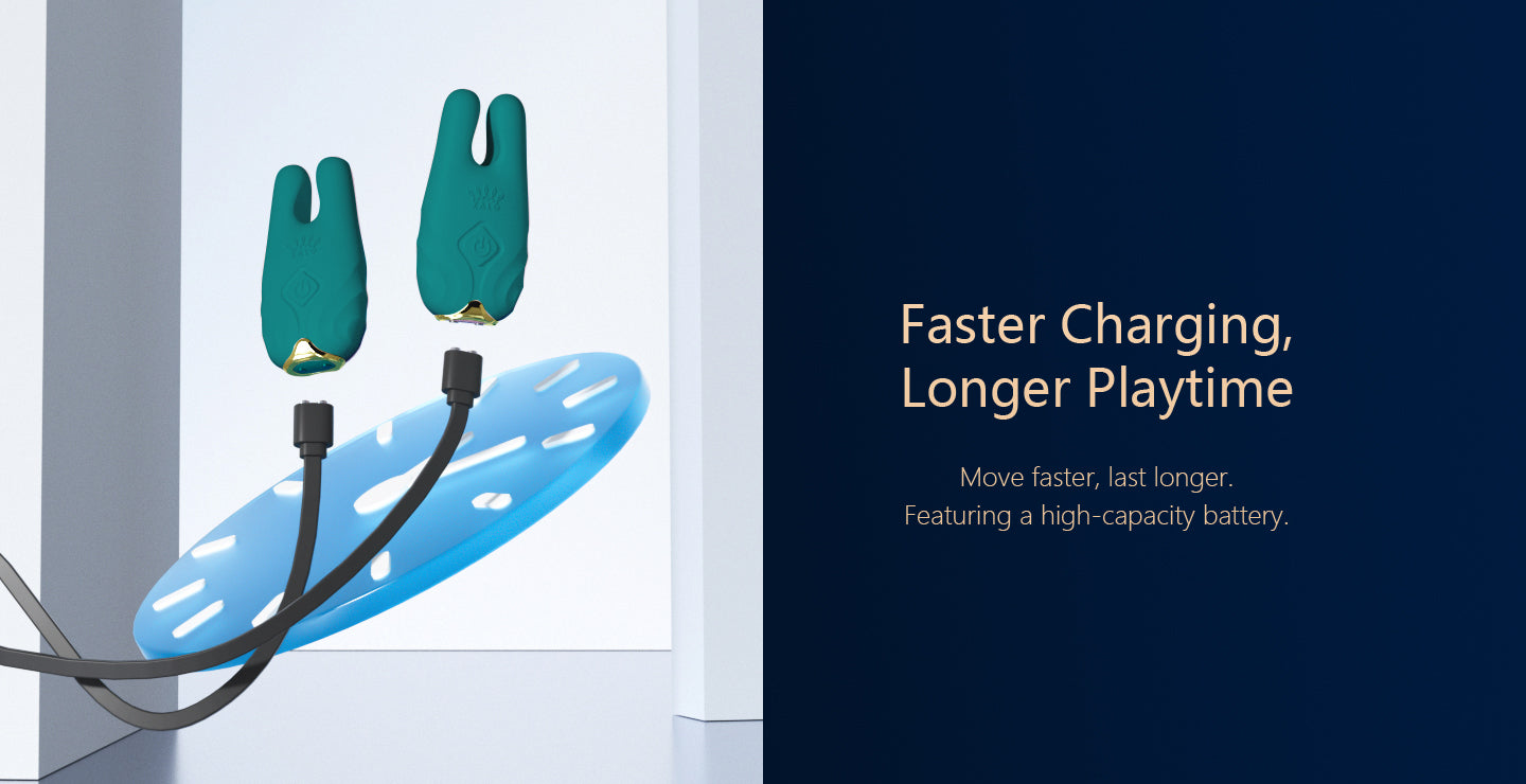 Illustration of a charging cable with two green vibrators on a blue background, featuring text about faster charging and longer playtime.